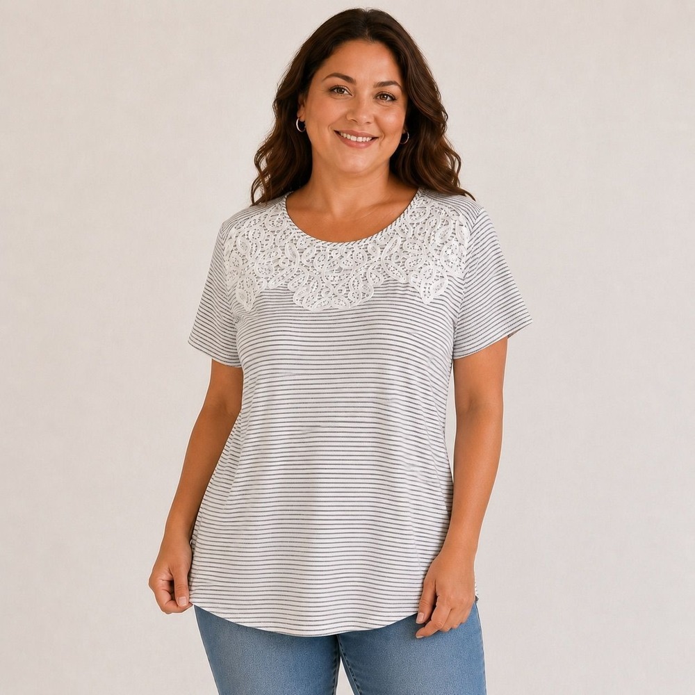 Croft &‎ Barrow Womens XL Navy Blue White Striped Lace Yoke Short Sleeve Top